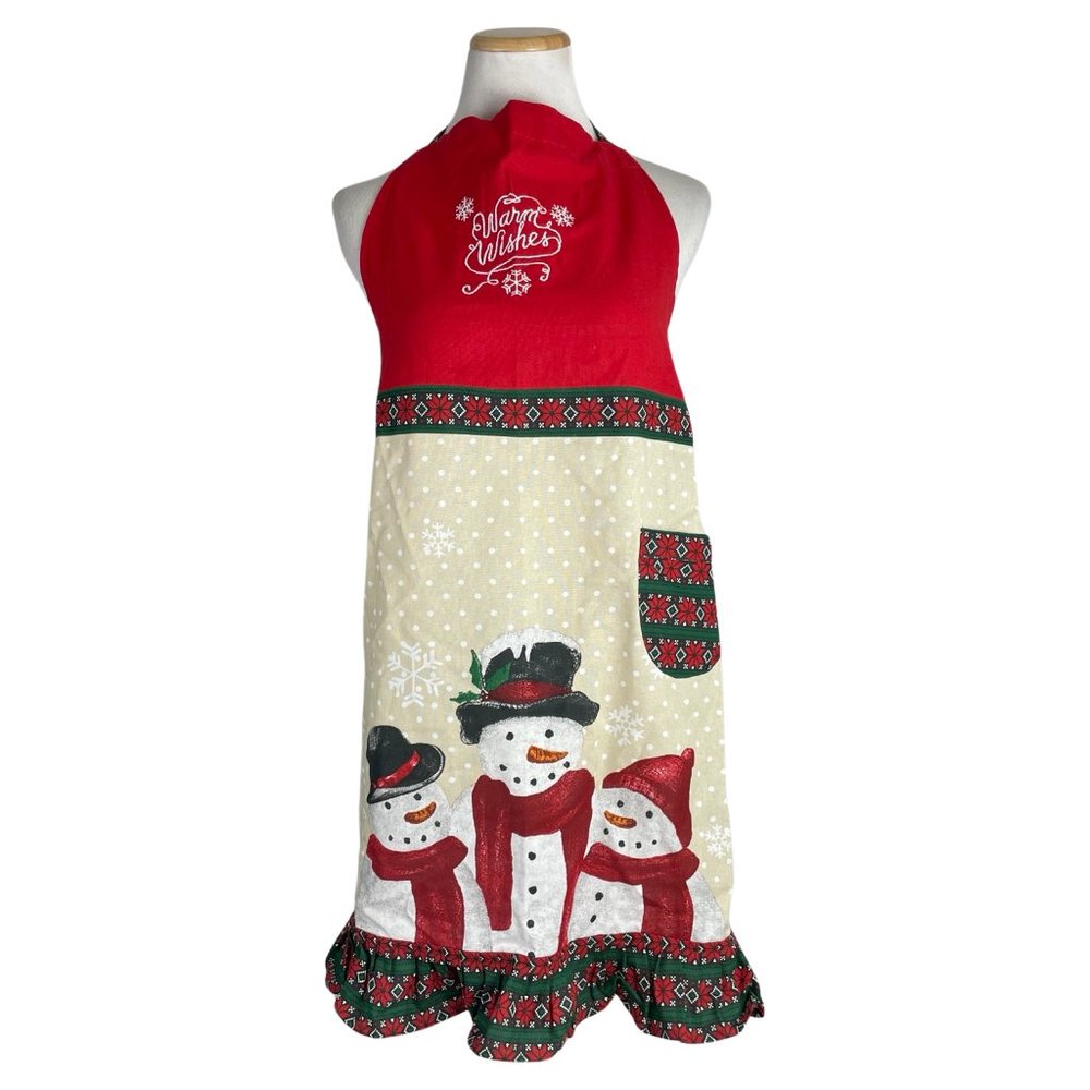 Christmas Apron Snowman Holiday Cooking Winter Warm Wishes Long Length